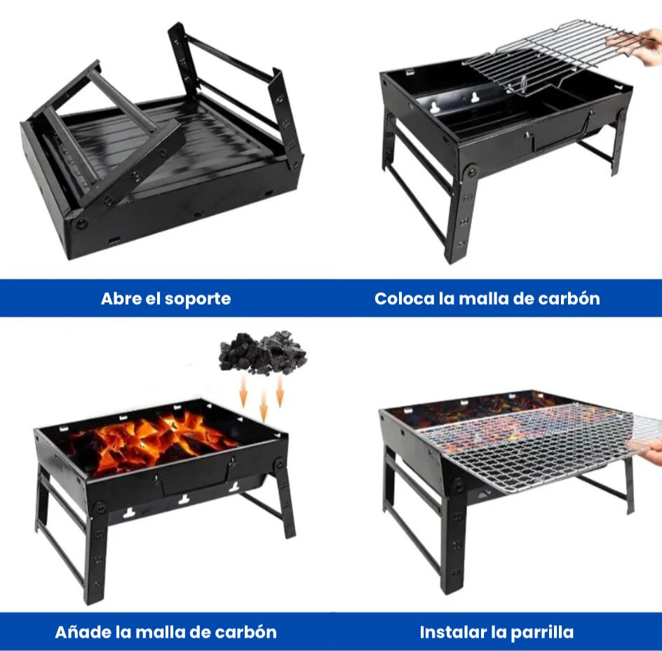 Pack Parrillero 🔥 Parrilla De Carbón Portátil Plegable + Set de 3 implementos para asado